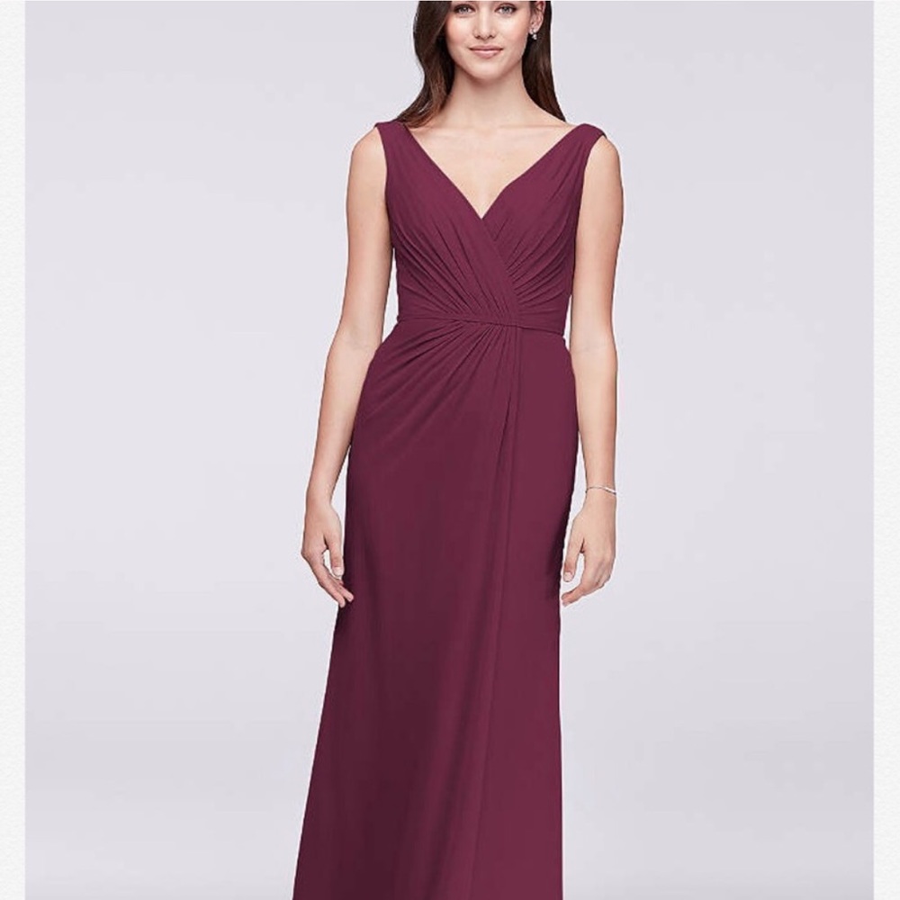 David’s Bridal plum wrap pleated chiffon dress